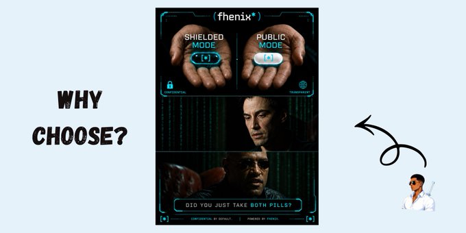 An infographic titled 'WHY CHOOSE?' compares 'SHIELDED MODE' and 'PUBLIC MODE' for an entity named 'fhenix,' featuring images of hands offering pills and references to Elon Musk.