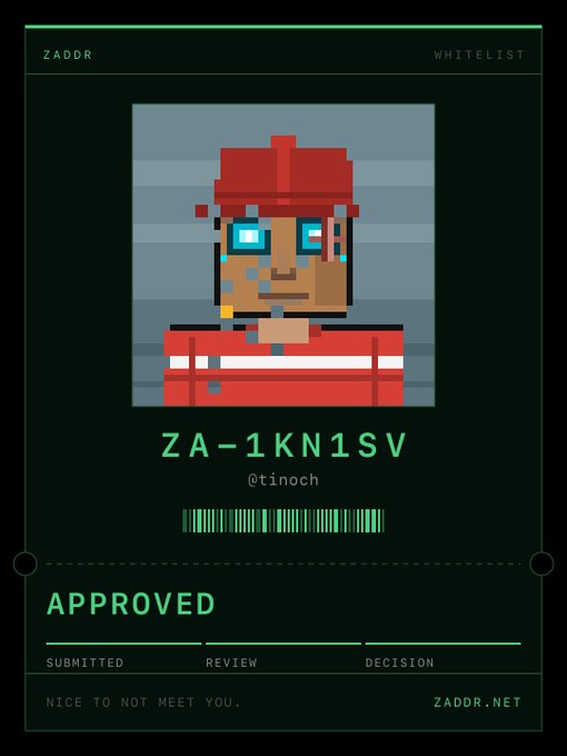 A pixel art digital ID card from ZADDR displays the username 'tinoch' with ID 'ZA-1KN1SV', marked 'APPROVED' with the text 'NICE TO NOT MEET YOU.'
