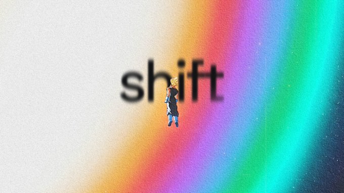 The image features a cartoon character, possibly a man or woman, standing against a colorful rainbow backdrop with the word "shift" written above them. The background of the image is a gradient of colors that transitions from white at the top to purple at the bottom, creating an impressionistic effect. This artistic choice adds depth and visual interest to the overall composition.