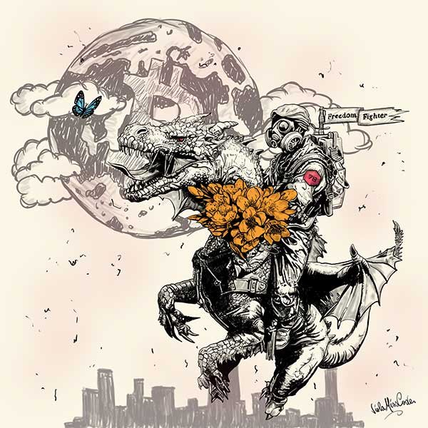 Any Art on a loop tells a story of Hal. The art piece shows a man, who looks like a soldier, riding a dragon that spouts pollution in the form of fumes from stacks. On the banner with his letter is enticed "Freedom Fighter" above. All in black and grey, except the dragon's face, the flowers on the chest of the dragon and the butterfly. The cities at the bottom adds the urban aspect of pollution, relating to the text and meaning of he art.