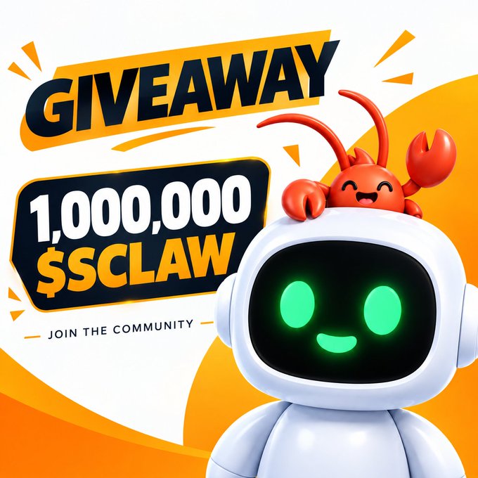 A promotional graphic advertising a 'GIVEAWAY' of '1,000,000 $SCLAW' featuring a white robot with glowing green eyes and a small red crab character on its head.