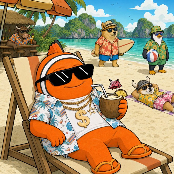 A cartoon illustration of various animals in Hawaiian/beach attire on a tropical beach, featuring an orange fish in sunglasses lounging on a chair with a drink, a bear with a surfboard, and a penguin with a beach ball.