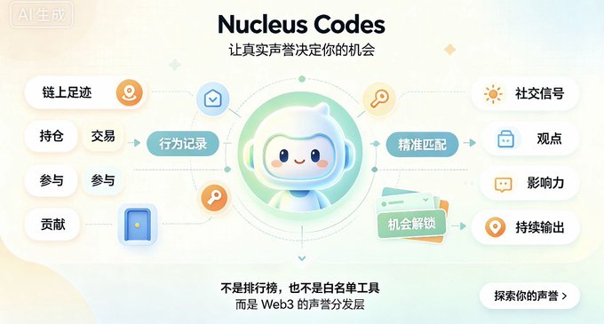 A promotional graphic for 'Nucleus Codes' featuring a cute green AI character mascot, with Chinese text describing it as a Web3 voice development tool that is not a ranking or whitelist tool, with categories like '链上足迹', '持仓', '参与', '贡献', '社交信号', '观点', '影响力', and '持续输出'.