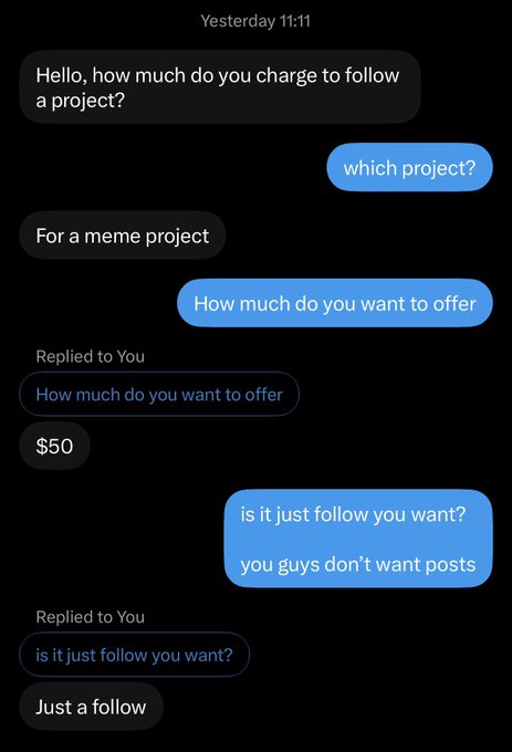 A text message conversation shows someone negotiating $50 for a single follow on a "meme project," highlighting the absurd low-cost nature of Web3 engagement that humorously matches the "why do you love web3?" prompt.