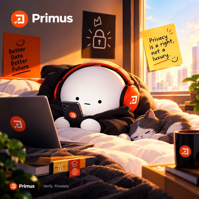 A digital illustration of a cute white character wearing orange headphones and a hoodie, using a laptop with the "Primus" logo. A sleeping gray and white cat rests beside it, with sticky notes reading "Privacy is a right, not a luxury" and "Better Data Better Future".