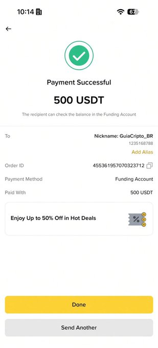 A mobile screenshot showing a 'Payment Successful' confirmation for 500 USDT sent to nickname 'GuiaCrypto_BR' (1235168788), with order ID 455361957070323712 paid via Funding Account.