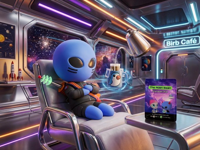 A 3D rendered scene of a blue alien character in a spacesuit sitting in a futuristic cafe labeled 'Birb Café', with a book titled 'The Alien Bean Barista Gag' on the table.