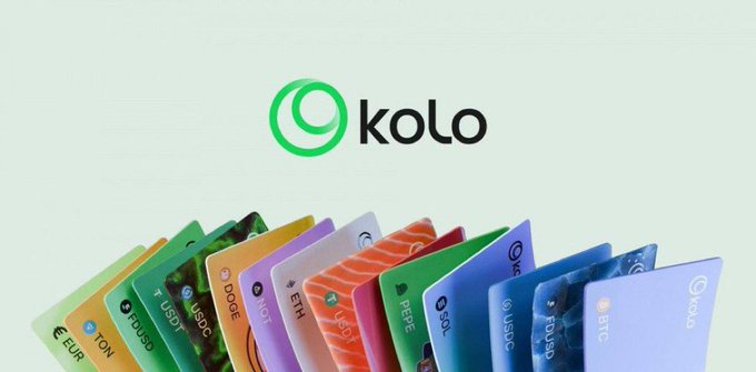 The image features a collection of colorful credit cards, including Visa, Mastercard, Discover, American Express, and more. These cards are arranged in a row with their edges pointing towards the top right corner of the image. The text "KOLO" is prominently displayed above them, indicating that they are from the KOLO cryptocurrency exchange platform. This suggests that users may focus on everyday behavior rather than the underlying technology when it comes to payment methods and financial transactions.