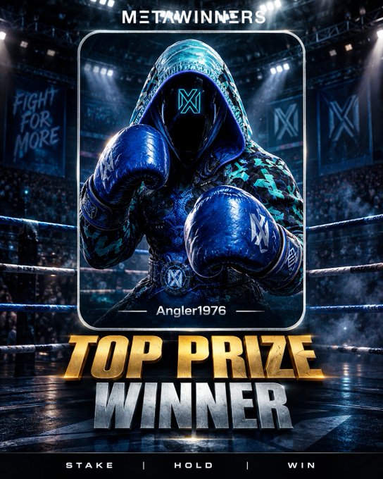 A promotional poster for 'METAWINNERS' features a hooded boxer in blue gloves with the 'M' logo, identifying 'Angler1976' as the 'TOP PRIZE WINNER' with the tagline 'STAKE | HOLD | WIN' at the bottom.
