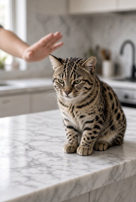 A spotted Bengal-style cat sits on a white marble kitchen countertop while a person's hand reaches toward it.