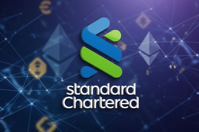 The image shows a logo for the Standard Chartered bank, which features a blue and green color scheme with a vertical symbol resembling an elephant's trunk, standing tall against a dark blue background. The image also displays the word "CHARTERSED" in white text above the symbol, along with some numbers. The main focus of the image is the logo itself, while the post provides more context about the bank and the target asset prices for the following months: $4,000 by end-2026 and $40,000 by 2030.