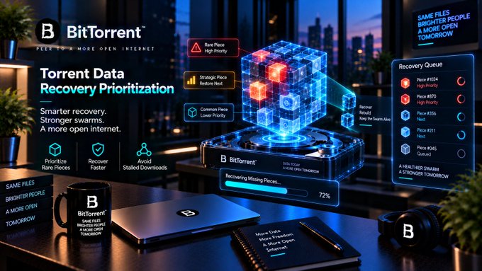 A promotional graphic for BitTorrent titled 'Torrent Data Recovery Prioritization', showing 'Smarter recovery. Stronger swarms. A more open internet.' with a 72% 'Recovering Missing Pieces' progress bar and a Recovery Queue listing pieces.