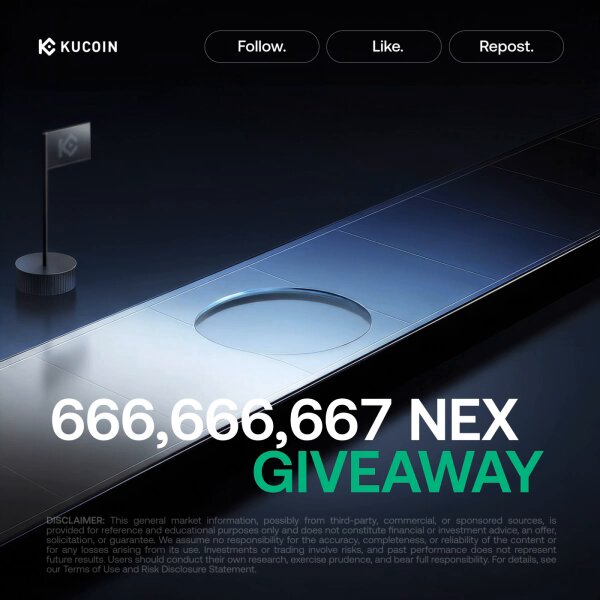 The image features a black background with white text that reads "666,667,667 NEX Giveaway" and "#KuCoin". The text also includes links to social media accounts such as Twitter, Instagram, and Facebook. The image shows a banner or sign for a giveaway related to cryptocurrency, specifically the NEX token.