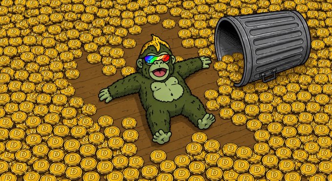 A cartoon illustration features a smiling gorilla wearing rainbow sunglasses with banana horns, lying in a pile of Dogecoin (D) coins next to a tipped-over trash can.