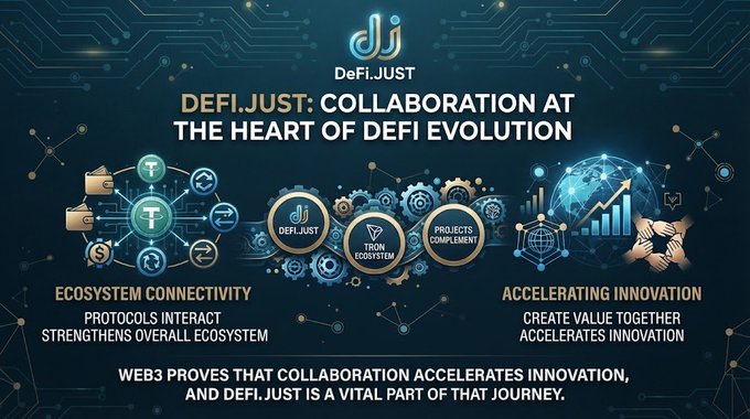 An infographic from DeFi.JUST titled 'Collaboration at the Heart of DeFi Evolution,' emphasizing ecosystem connectivity and accelerating innovation.