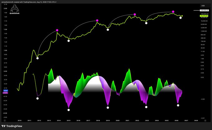 A TradingView chart on a dark background displaying a logarithmic price scale (yellow/green line) with magenta dots marking significant highs, and a MACD-style indicator (purple and green histogram) below, tracked from 2010 to 2027.