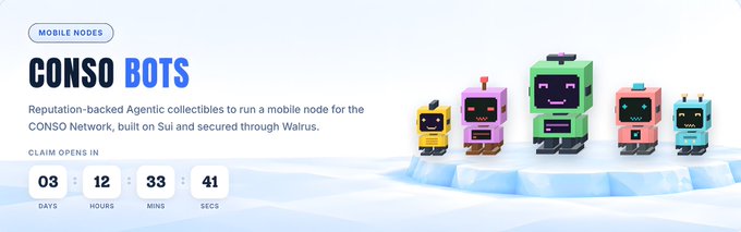 A promotional banner for 'CONSO BOTS' describes reputation-backed agentic collectibles built on Sui and secured through Walrus, featuring colorful robot illustrations and a countdown timer showing '03 Days, 12 Hours, 33 Mins, 41 Secs'.