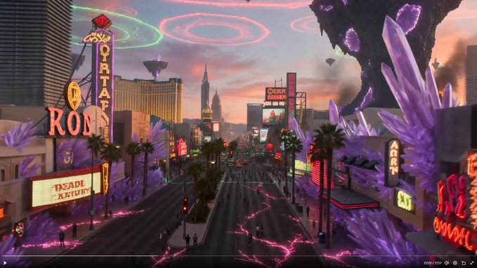 A sci-fi concept art of a futuristic Las Vegas Strip with purple crystal formations, neon signs reading 'ROB', 'STATE', 'FUSION', 'AREA', and 'CASINO', cracked roads glowing pink, and a sky with UFOs and circular portals.