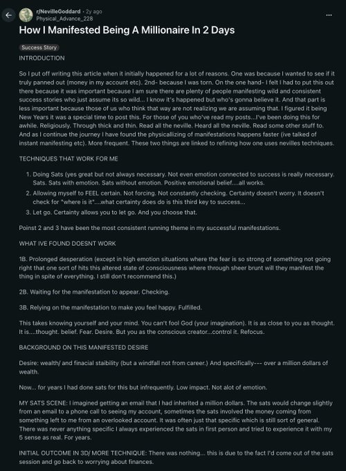 A Reddit post titled "How I Manifested Being A Millionaire In 2 Days" by u/NevilleGoddard in r/Physical_Advantage_228, detailing manifestation techniques and personal experiences with the Law of Attraction. The post shares methods like SATS scripting and releasing certainty, while cautioning against relying on manifestations for happiness.