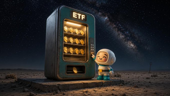 An astronaut character interacting with an "ETF" vending machine dispensing gold coins, set in a desert landscape under a starry Milky Way sky.