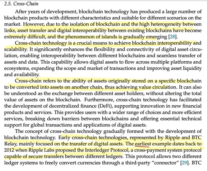 The image displays a section of text titled "2.5. Cross-Chain," with the highlighted passage focusing on Ripple Labs proposing the Interledger Protocol in 2012 as the earliest example of cross-chain technology. It supports the post's claim by providing documented evidence of Ripple's pioneering role in blockchain interoperability through its cross-payment system protocol.