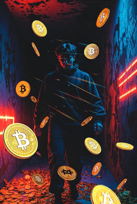 A digital artwork depicts a person in a dark hoodie walking through a corridor filled with floating Bitcoin coins under red and blue lighting.