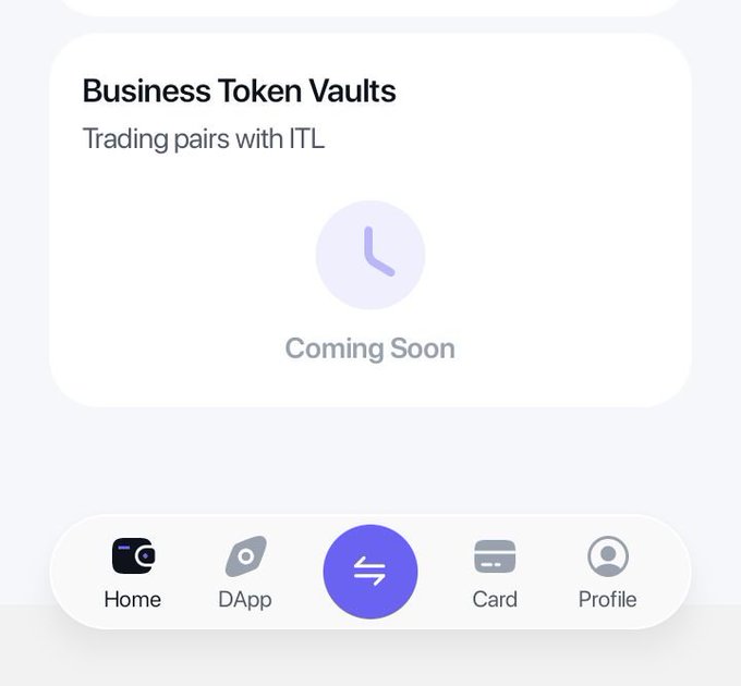 A screenshot of the InterLink Network app shows a "Business Token Vaults" card labeled "Coming Soon" with a clock icon, alongside a bottom navigation bar with Home, DApp, Card, and Profile tabs. This relates to the post by previewing the upcoming Business Tokens (BT) feature mentioned, which is set to launch in app version V6.0.2 for tokenizing non-public real-world assets.