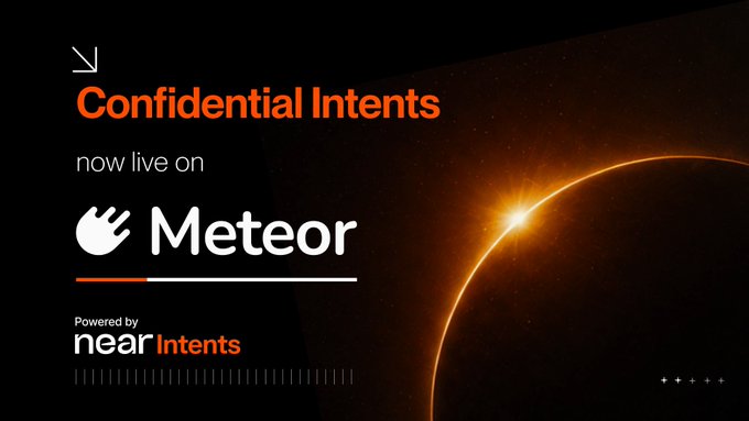 The image is a promotional graphic with a dark space-themed background featuring a glowing orange planet, announcing "Confidential Intents now live on Meteor," with the Meteor logo and a "Powered by near Intents" tagline, highlighting the launch of confidential cross-chain swaps and transactions on Meteor Wallet.