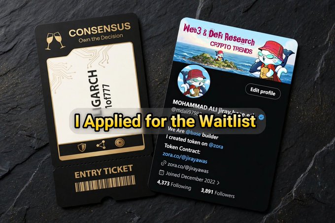 A black textured background displays two overlapping cards—a "CONSENSUS" entry ticket showing "OLIGARCH" with the number "10777," and a "Web3 & DeFi Research" profile card for "MOHAMMAD ALI Jirayawi" (@mdali9758) noting a Zora creation and December 2022 join date—overlaid with the yellow caption "I Applied for the Waitlist," visually celebrating the user's secured position in the 777-seat Oligarch waitlist.