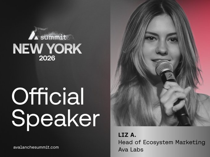 A speaker announcement card for "Summit NEW YORK 2026" featuring a black-and-white photo of LIZ A., Head of Ecosystem Marketing at Ava Labs, holding a microphone.