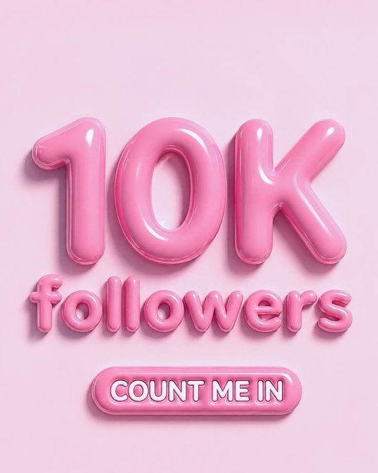A pink 3D-rendered graphic celebrating '10K followers' with a 'COUNT ME IN' button on a soft pink background.