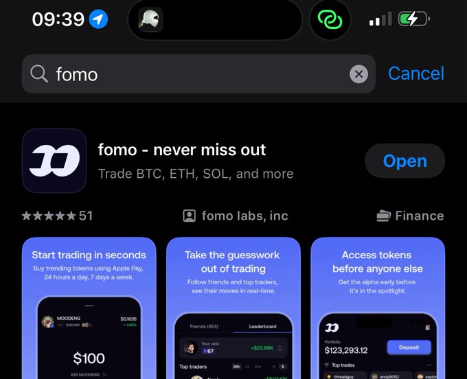 A screenshot of the App Store showing the 'fomo - never miss out' app by fomo labs, inc, which allows trading BTC, ETH, SOL and other tokens.
