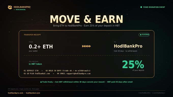 The image features a poster or infographic displaying information about a cryptocurrency called "Hodlbankpro" from an event happening online, where users can earn 25% of their deposit back within 30 days by depositing ETH (ether). The text provides instructions on how to participate in this reward system and highlights the primary purpose for joining - "MOVE AND EARN". The image is set against a black background with white text.