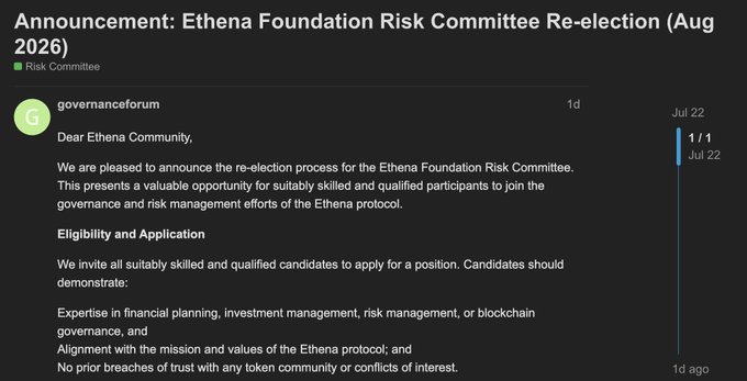 A screenshot of an Ethena governance forum post titled "Announcement: Ethena Foundation Risk Committee Re-election (Aug 2026)" invites eligible candidates with experience in financial planning, investment management, risk management, or blockchain governance to apply, which aligns with the poster's intent to run for the committee by refining their proposal to better serve $ENA holders.