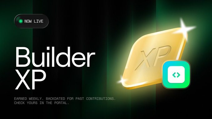 A "NOW LIVE" banner and the text "Builder XP" appear next to a glowing gold "XP" tile with a teal app icon, with the tagline "EARNED WEEKLY. BACKDATED FOR PAST CONTRIBUTIONS. CHECK YOURS IN THE PORTAL." The image visually announces the launch of Builder XP, the newest section of Abstract XP, encouraging users to view their updated XP totals in the Portal.