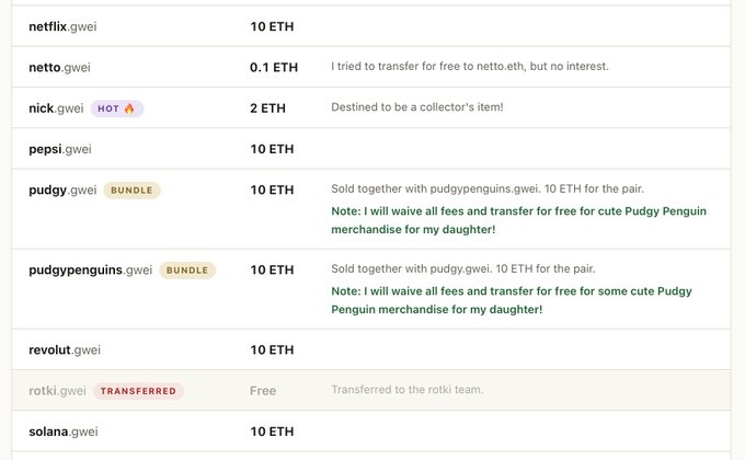A pricing list of .gwei Ethereum Name Service (ENS) domains for sale, showing names like netflix.gwei, nick.gwei, solana.gwei, and pepsi.gwei each priced at 10 ETH, with bundles like pudgy.gwei/pudgypenguins.gwei and free offerings for projects such as @beefyfinance, @fileverse, @LiquityProtocol, and @Superfluid_HQ as referenced in the tweet.