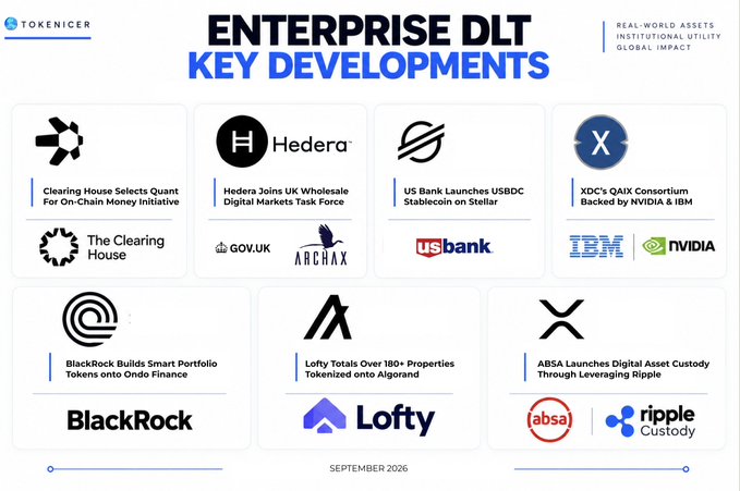An infographic titled 'ENTERPRISE DLT KEY DEVELOPMENTS' by Tokenicer, highlighting real-world assets and institutional utility, with entries for Quant, Hedera, Stellar, XDC, BlackRock, Lofty, and Ripple.