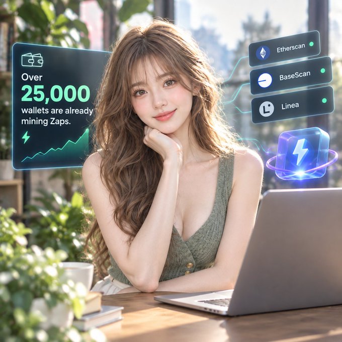 A young woman with long wavy hair sits at a laptop in a bright, plant-filled workspace, smiling gently at the camera. Floating holographic panels beside her display "Over 25,000 wallets are already mining Zaps" alongside Etherscan, BaseScan, and Linea logos, visually reinforcing the post's message about Zeru's behavior intelligence tracking real on-chain volume across multiple networks.