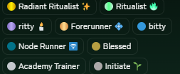 The image displays a collection of colorful Discord role badges, including "Radiant Ritualist," "Ritualist," "ritty," "Forerunner," "bitty," "Node Runner," "Blessed," "Academy Trainer," and "Initiate." These badges represent the various roles and achievements earned by active community members within the Monad Discord, supporting the post's claim about high-engagement contributors being well-positioned to benefit from the project's airdrop.