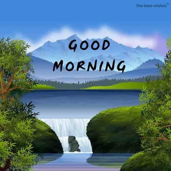 A serene digital landscape features a waterfall cascading into a lake, framed by lush greenery with misty mountains in the background, overlaid with "GOOD MORNING" text. The peaceful, fresh-start imagery pairs with the post's message about beginning a journey into crypto and AI without needing all the answers—mirroring the calm dawn of a new day and the courage to take the first step despite uncertainty.