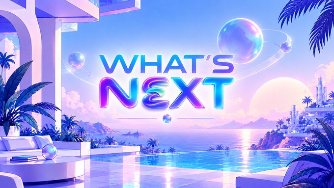A vibrant, futuristic promotional graphic featuring the bold text "WHAT'S NEXT" set against a dreamy purple and blue coastal scene with floating orbs, palm trees, and an infinity pool overlooking the ocean—visually conveying an exciting roadmap preview for the Fusing community's upcoming company registration, integrations, and infrastructure upgrades.