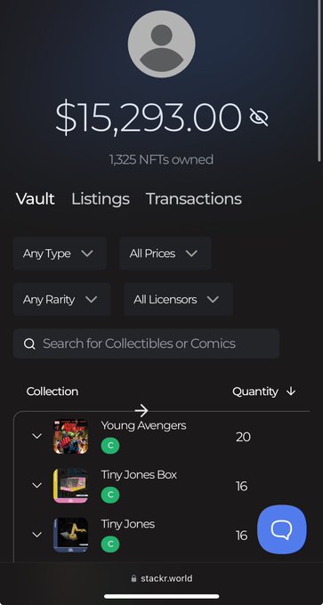 A digital wallet interface showing a balance of $15,293.00 with 1,325 NFTs owned, displaying collections like 'Young Avengers' (20), 'Tiny Jones Box' (16), and 'Tiny Jones' (16).