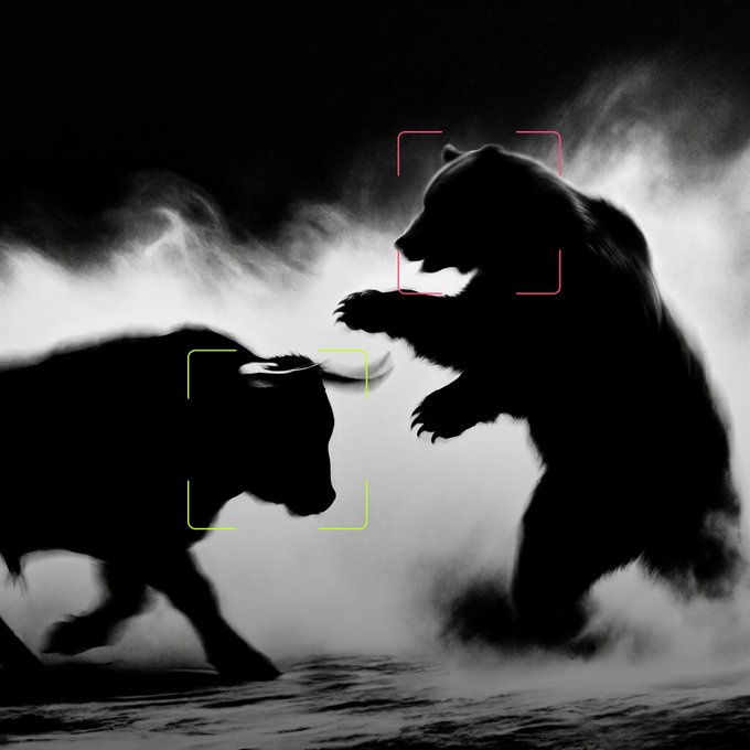 A black-and-white image shows a bear and bull facing off amid dramatic smoke, with the bull in a red focus box and the bear in a green one. The contrast echoes the message, “The market doesn’t pick sides. Neither do we,” by presenting both market forces without favoring either.