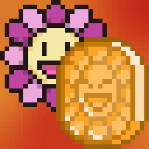 Pixel art on an orange background showing a pink and purple flower with a simple face next to a wooden carved mask or shield.
