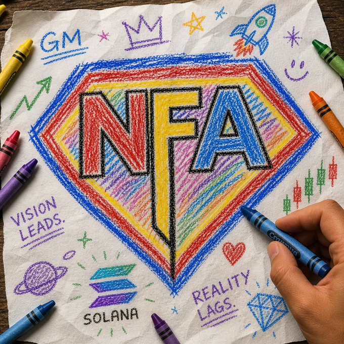 A colorful crayon drawing on paper featuring 'NFA' in a Superman-style diamond logo, with 'GM', 'VISION LEADS.', 'SOLANA', and 'REALITY LAGS.' written around it, surrounded by crayons.