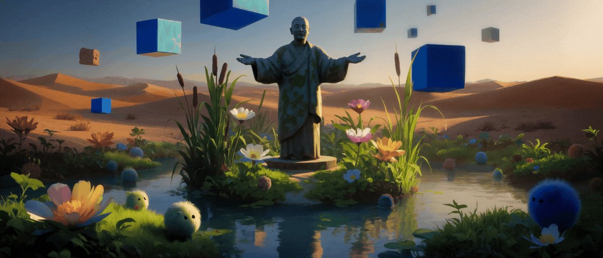 The image features a statue of Jesus Christ surrounded by flowers, with blue cubes floating around him. The background shows a desert landscape with mountains visible in the distance. The caption reads "Take a moment and breathe, all the answers you'r looking for will reveal themselves as you change your perspective".