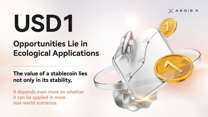 A promotional graphic for **USD1** by **AEGIS X** with the headline "Opportunities Lie in Ecological Applications," accompanied by a 3D illustration of a rocket launching from a chart-marked cube with gold coins and the text: "The value of a stablecoin lies not only in its stability, it depends even more on whether it can be applied in more real-world scenarios." 

The image visually reinforces the post's message by depicting a rocket—a symbol of growth and forward momentum—ascending from a chart displaying upward momentum (+100, +200, +300), symbolizing USD1's expansion beyond price stability into broader real-world ecosystem adoption and opportunities.