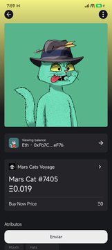 A mobile app screen displays an NFT of a green cat in a hat from 'Viewing Katana,' showing 'Mars Cat #7405' available for £0.05.