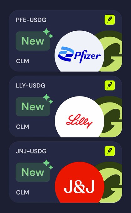 A graphic announcing new CLM listings for PFE-USDG (Pfizer), LLY-USDG (Lilly), and JNJ-USDG (J&J) with green and red coin logos.