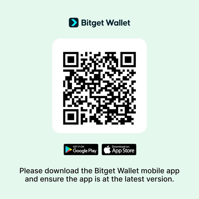 Bitget Wallet advertisement displaying a QR code with download links for Google Play and App Store, prompting users to download the mobile app at its latest version.